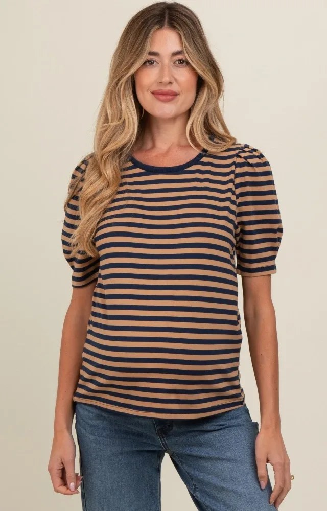 Navy Multi Striped Puff Sleeve Knit Maternity Top