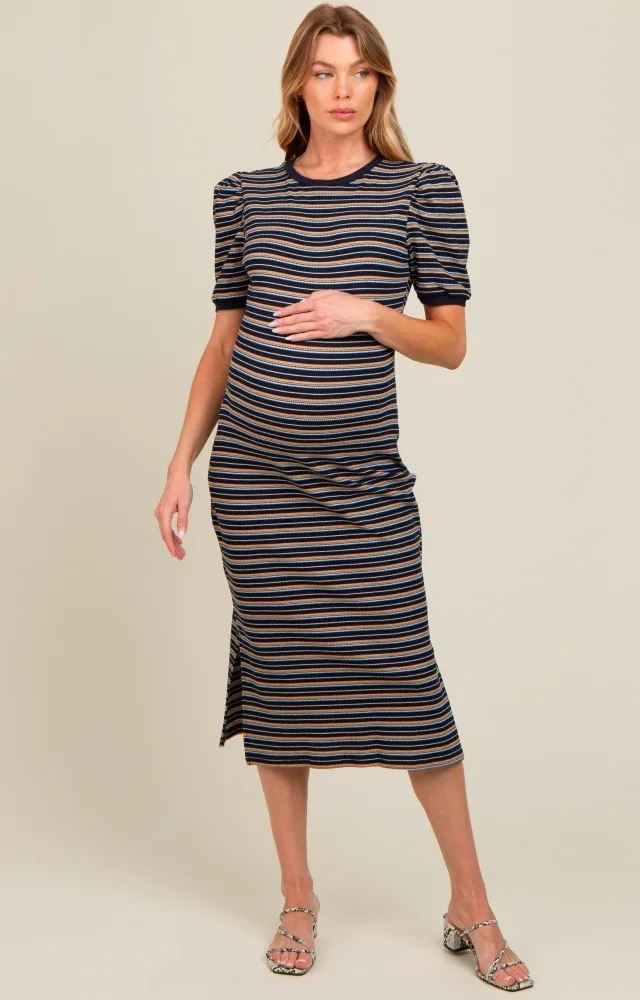 Navy Multi Striped Puff Sleeve Maternity Midi Dress