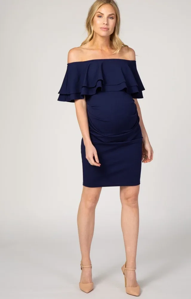 Navy Off Shoulder Ruched Maternity Dress