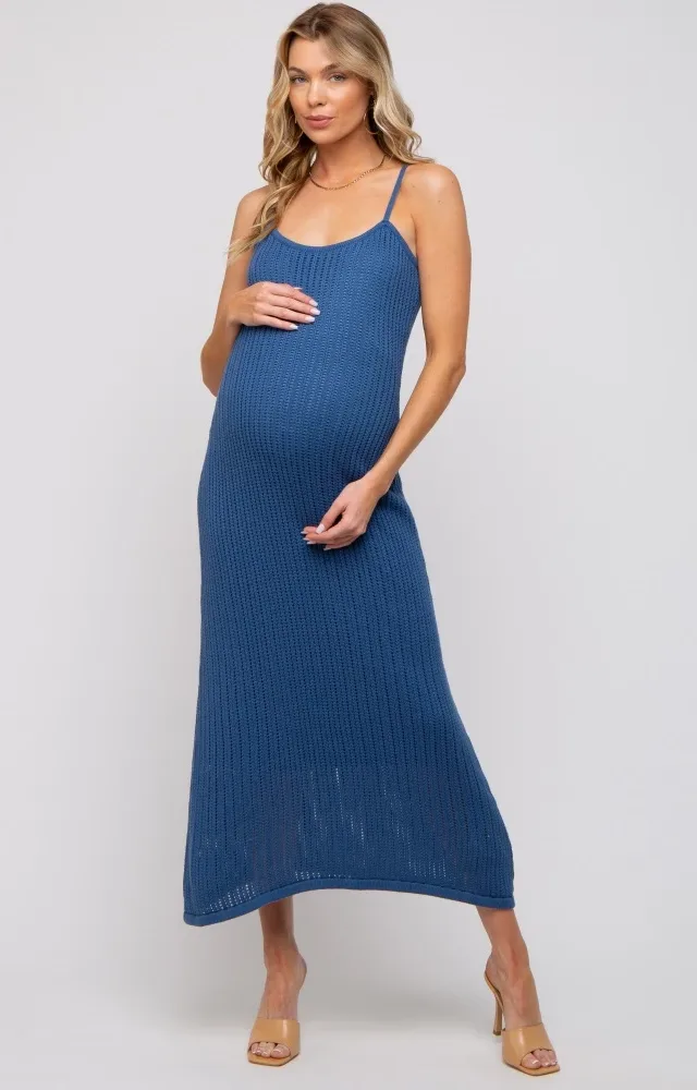 Navy Open Knit Crochet Maternity Midi Dress