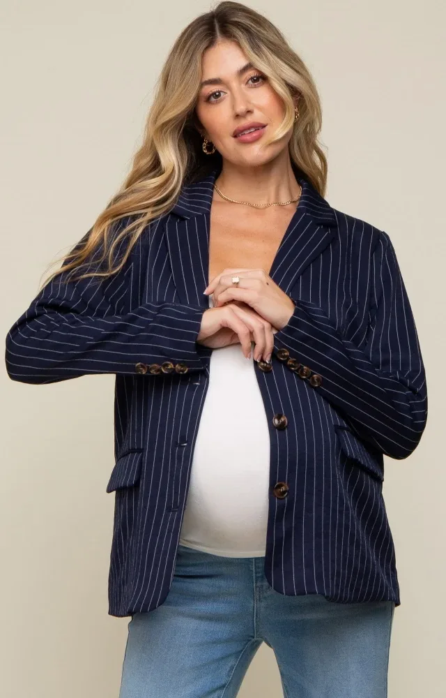 Navy Pinstripe Front Pocket Maternity Blazer