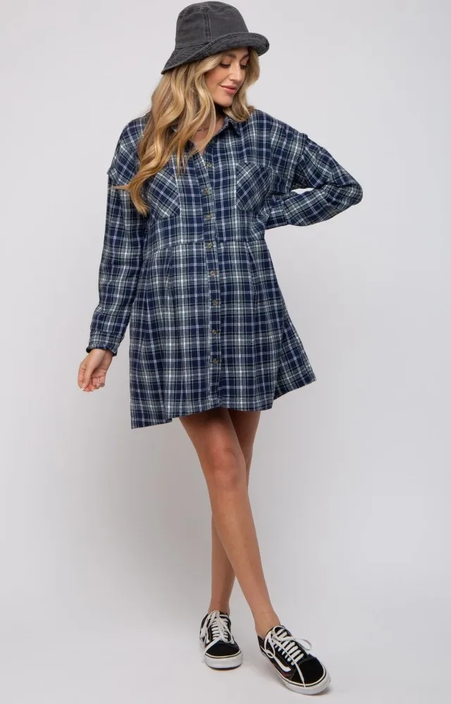 Navy Plaid Button Front Long Sleeve Maternity Dress