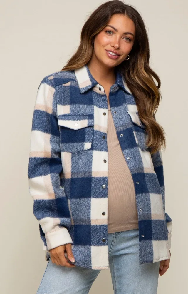 Navy Plaid Fleece Maternity Shirt Jacket