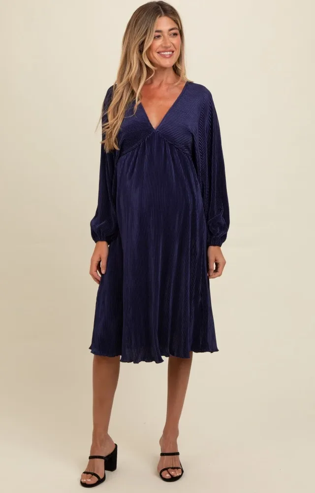 Navy Pleated Deep V-Neck Maternity Midi Dress