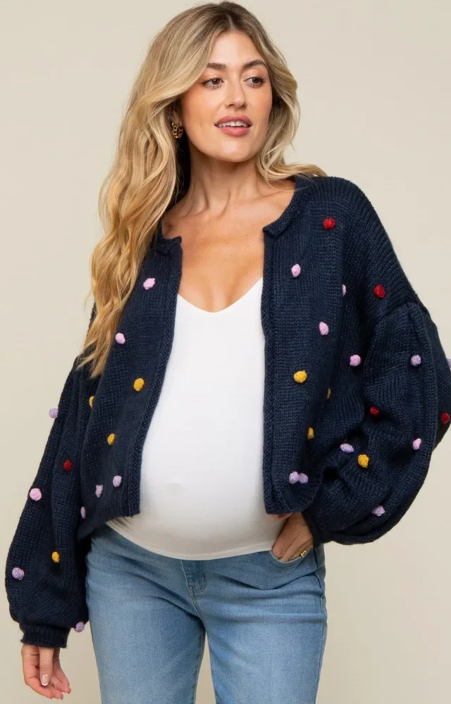 Navy Pompom Maternity Cardigan