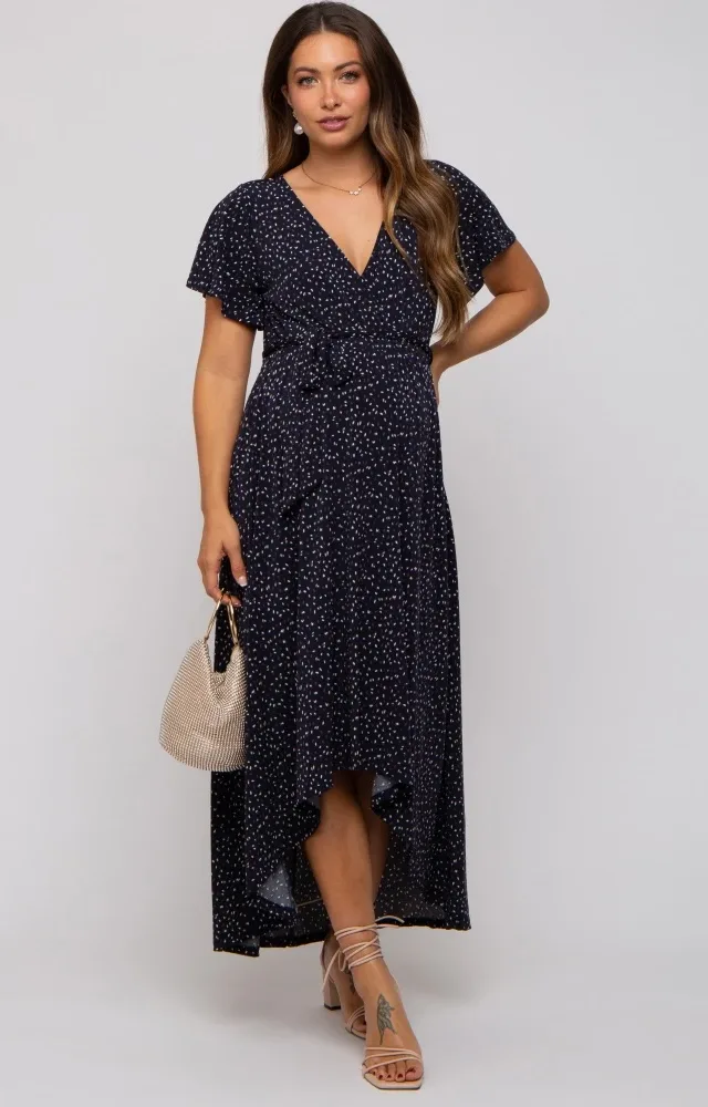 Navy Printed High-Low Hem Maternity Wrap Dress