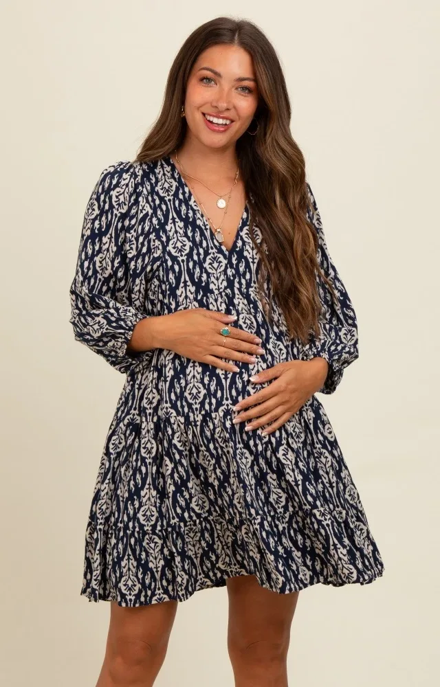 Navy Printed Maternity Mini Dress