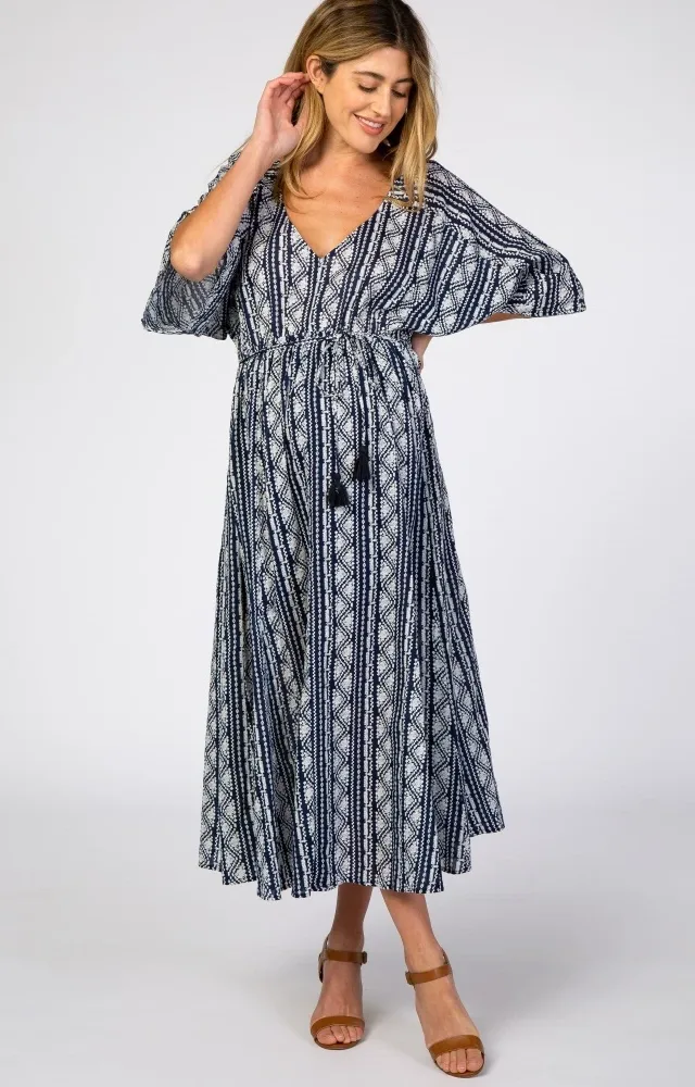 Navy Printed V-Neck Maternity Midi Dress