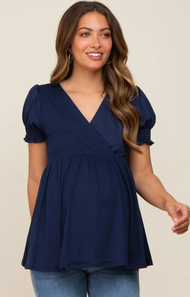 Navy Puff Sleeve Crossover Maternity/Nursing Top