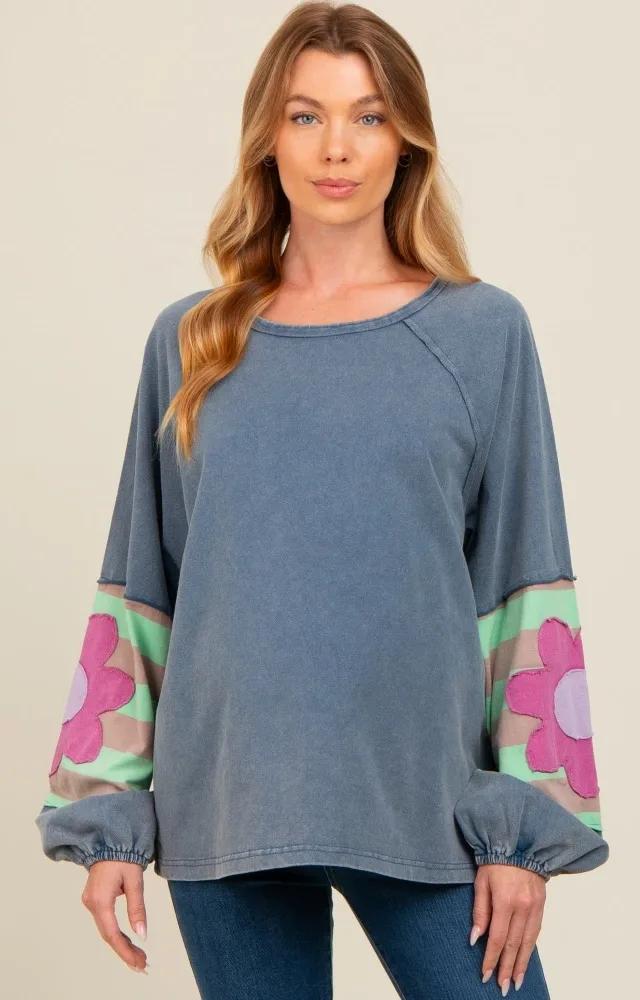 Navy Raw Edge Flower Patch Maternity Top