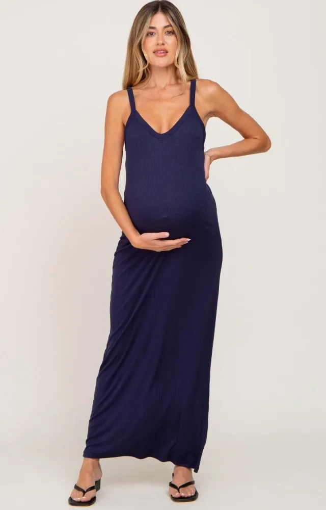 Navy Ribbed Basic Maternity Maxi Dress