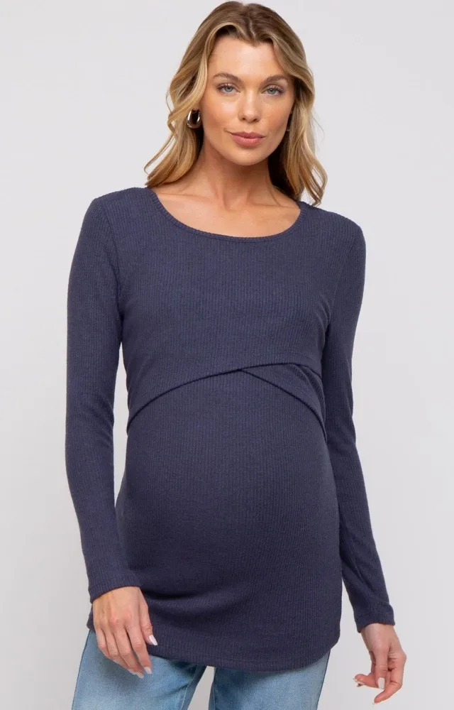 Navy Ribbed Crossover Maternity/Nursing Top