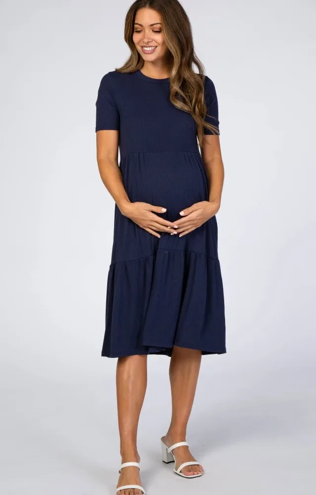 Navy Ribbed Tiered Maternity Dress