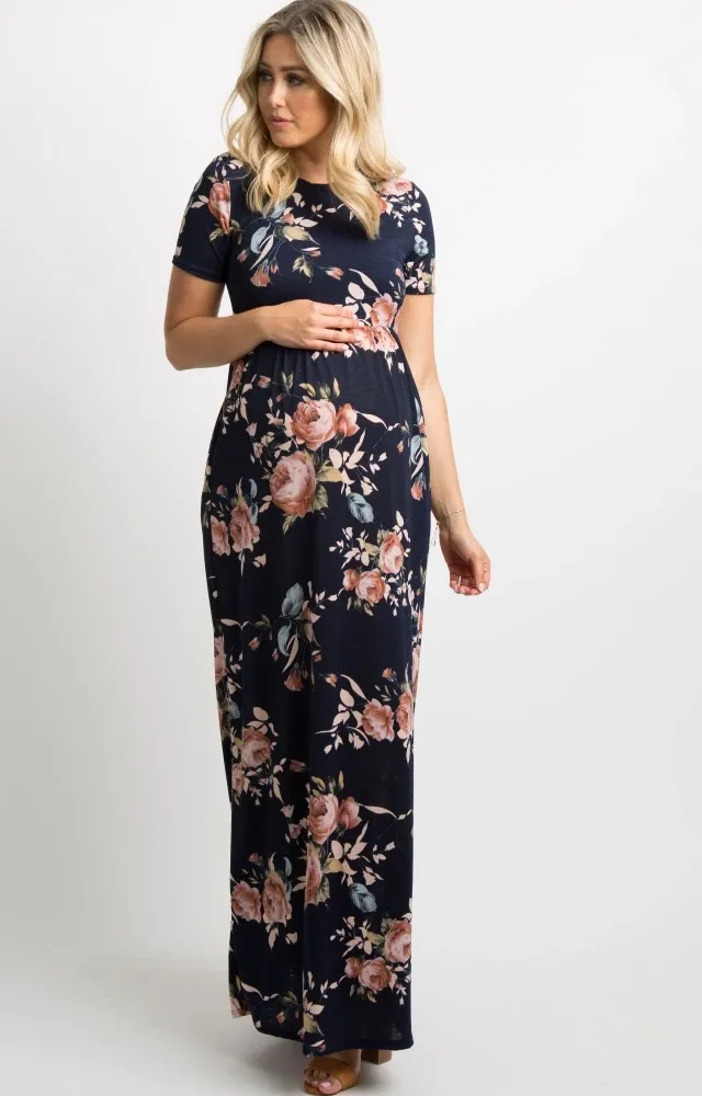 Navy Rose Print Maternity Maxi Dress