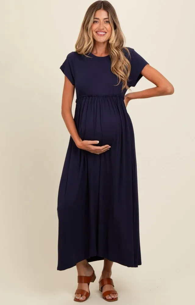 Navy Ruffle Trim Maternity Maxi Dress