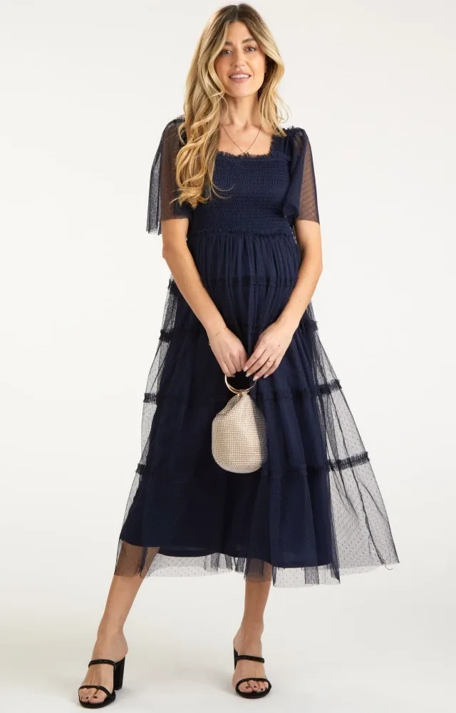 Navy Ruffled Mesh Maternity Maxi Dress