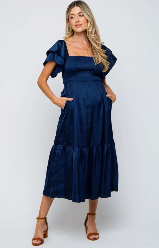 Navy Satin Flutter Sleeve Maternity Midi Dress