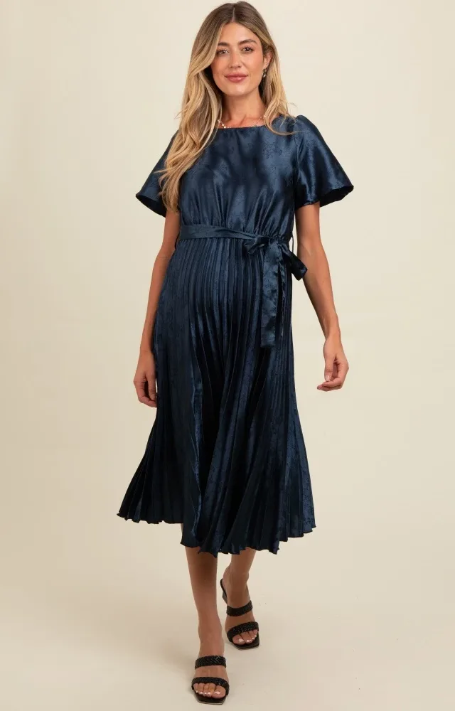 Navy Satin Pleated Sash Tie Maternity Midi Dress