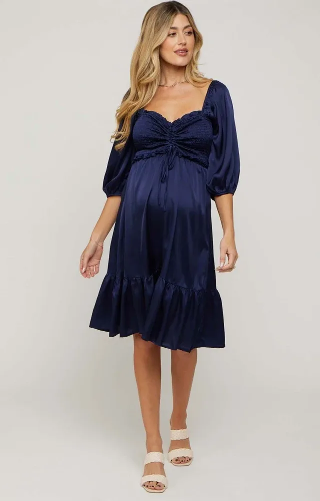 Navy Satin Smocked Ruffle Hem Maternity Dress