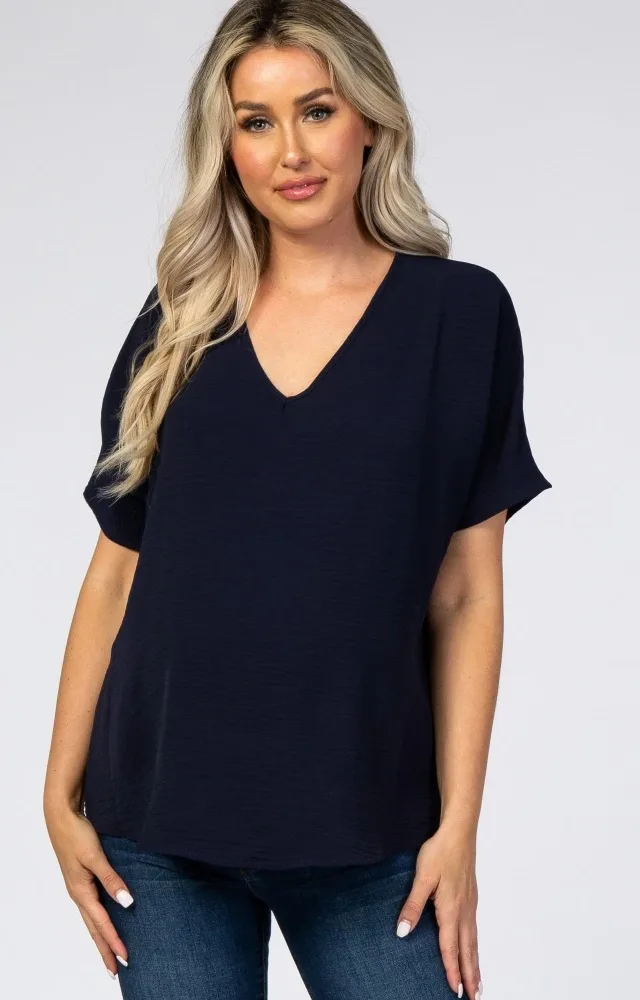 Navy Short Sleeve Maternity Blouse