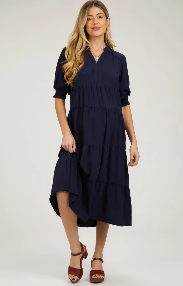 Navy Short Sleeve Tiered Maternity Midi Dress