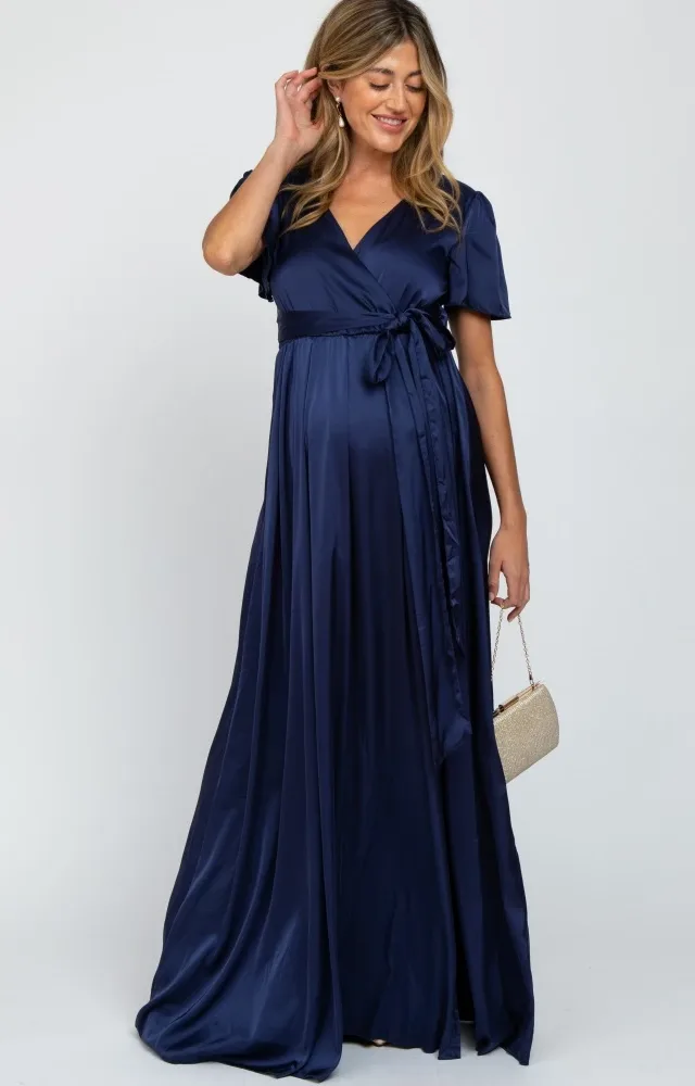 Navy Side Slit Satin Maternity Maxi Dress