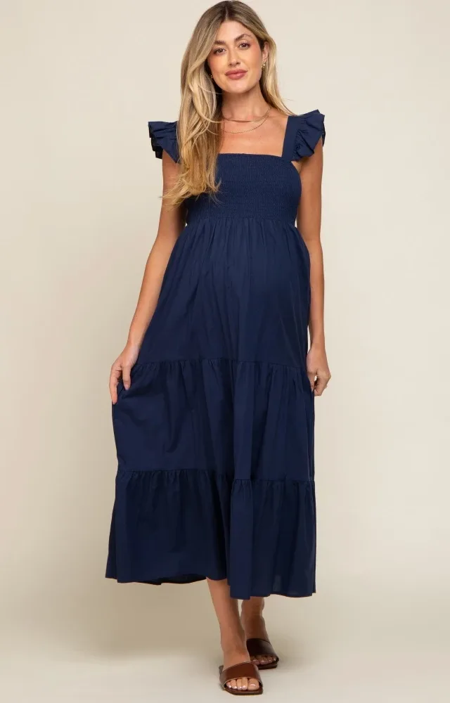 Navy Sleeveless Tiered Maternity Maxi Dress