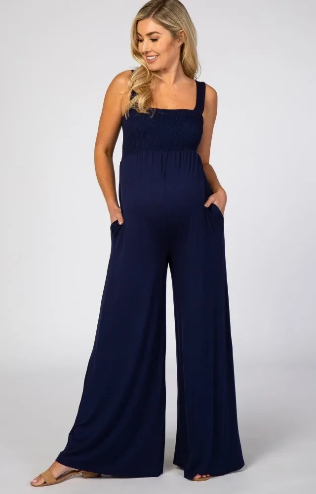 Navy Sleeveless Wide Leg Maternity Jumpsuit