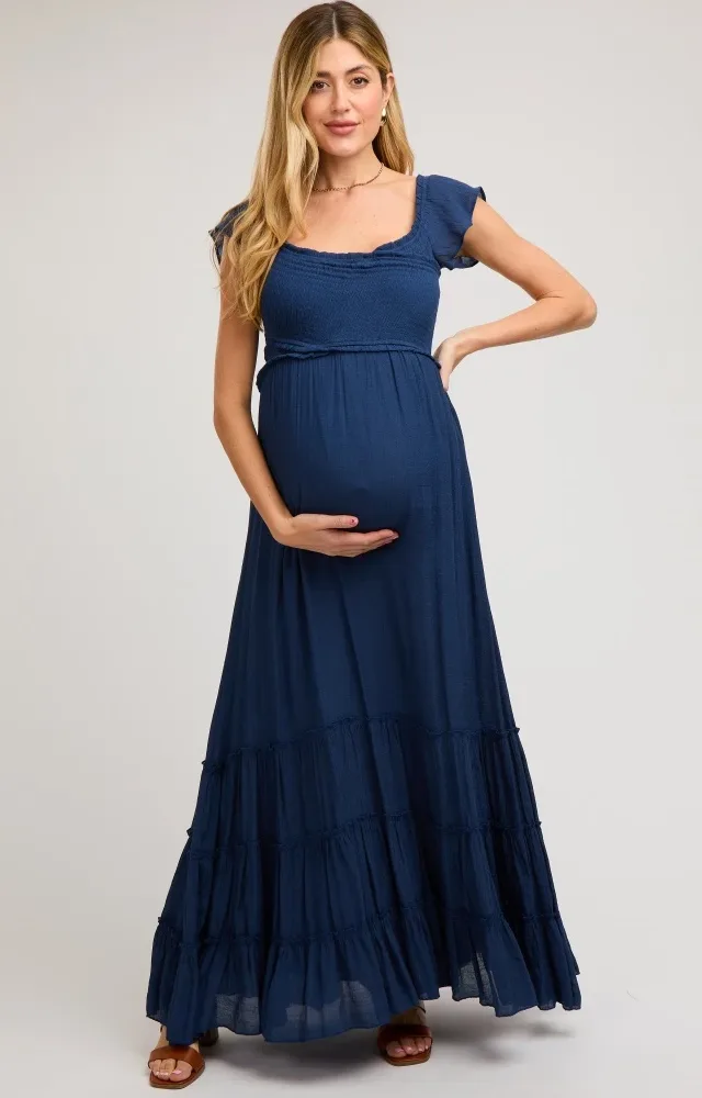 Navy Smocked Crossover Maternity Maxi Dress