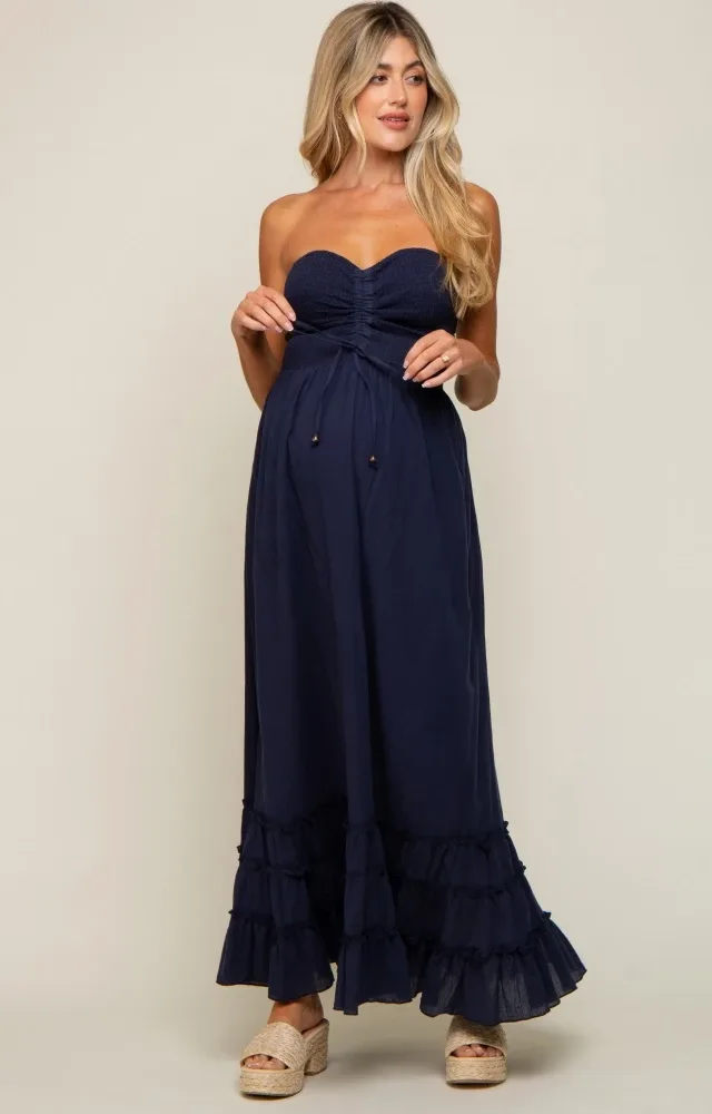 Navy Smocked Cutout Back Maternity Maxi Dress