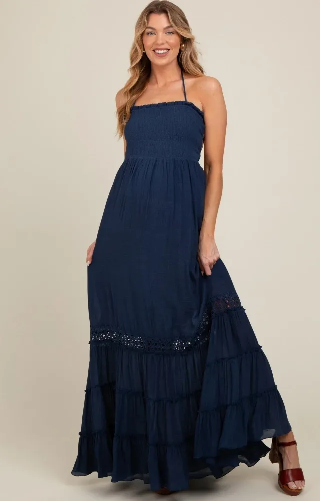 Navy Smocked Open Back Maternity Maxi Dress