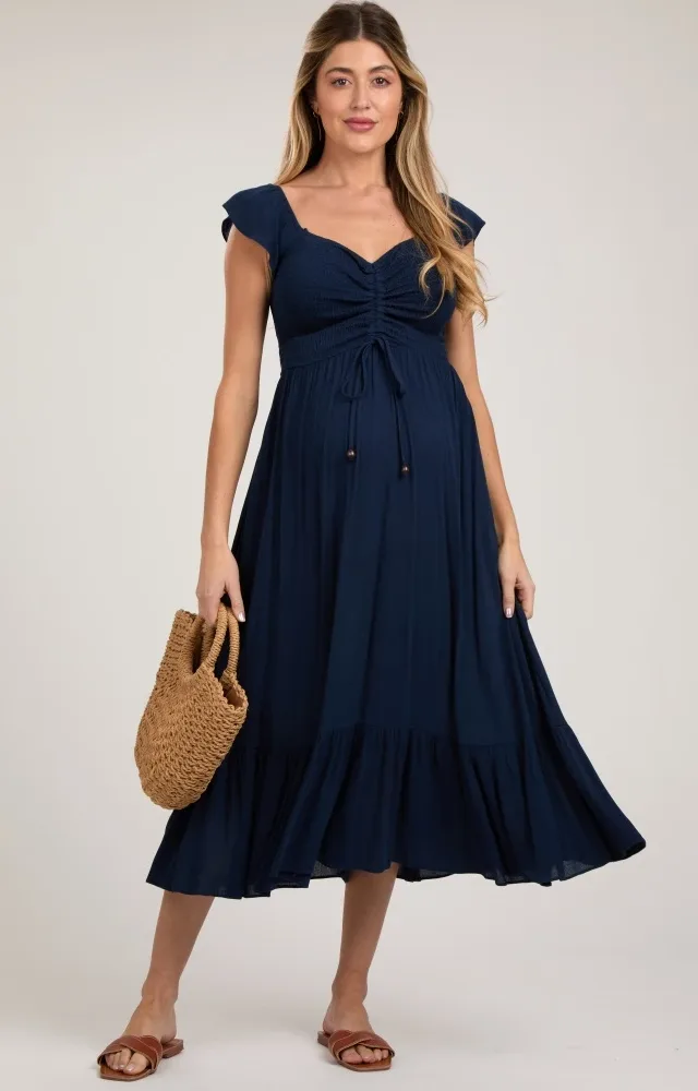 Navy Smocked Ruched Ruffle Hem Maternity Maxi Dress