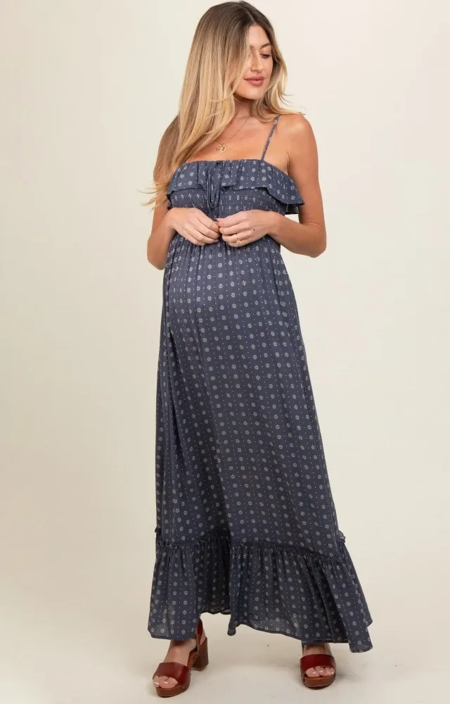 Navy Smocked Sleeveless Floral Maternity Maxi Dress