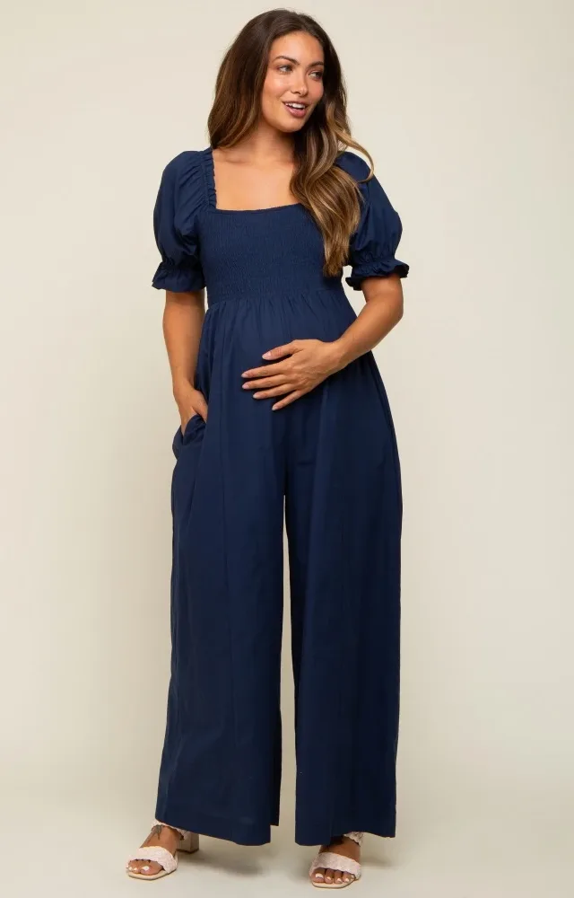 Navy Smocked Square Neck Wide Leg Maternity Jumpsuit