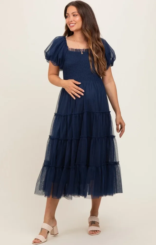 Navy Smocked Tiered Tulle Maternity Midi Dress