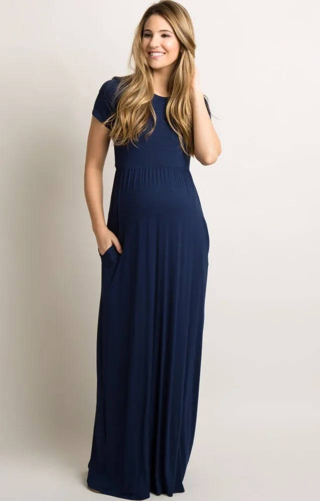 Navy Solid Pocket Maternity Maxi