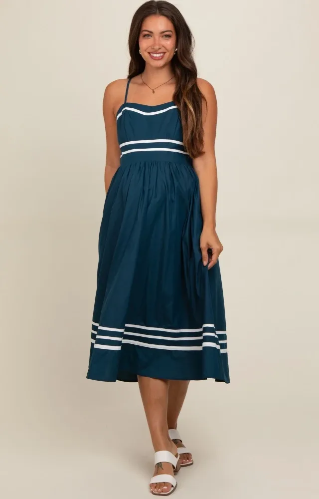 Navy Stripe Accent Maternity Midi Dress