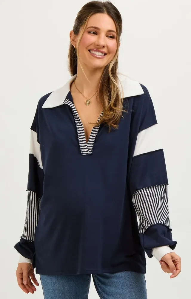 Navy Stripe Colorblock Collared Maternity Top