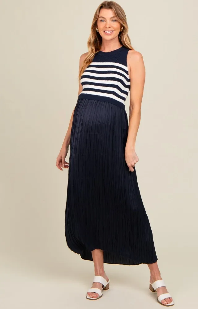 Navy Striped Contrast Knit Maternity Pleated Maxi Dress