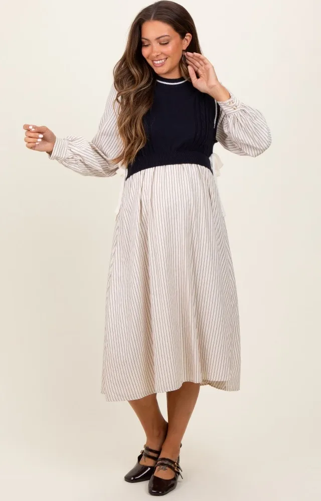 Navy Striped Contrast Sweater Knit Top Maternity Midi Dress