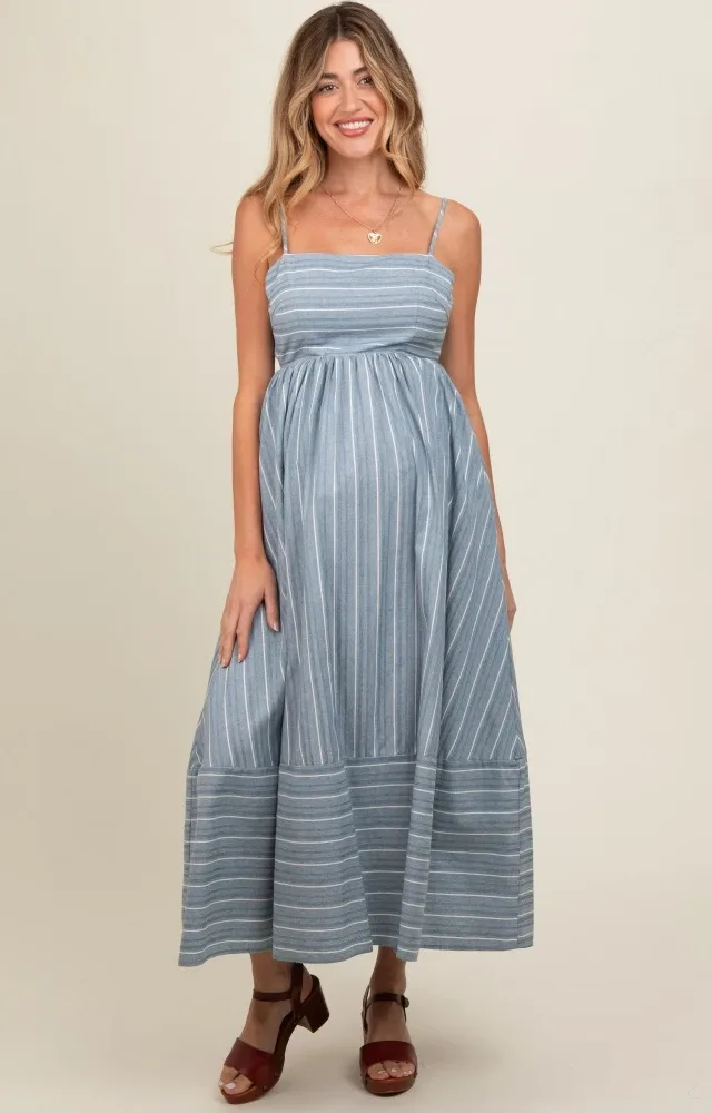 Navy Striped Cutout Back Maternity Maxi Dress