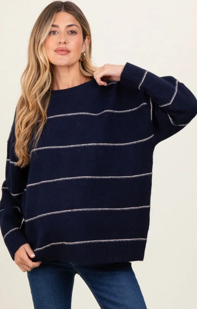 Navy Striped Drop Shoulder Maternity Sweater