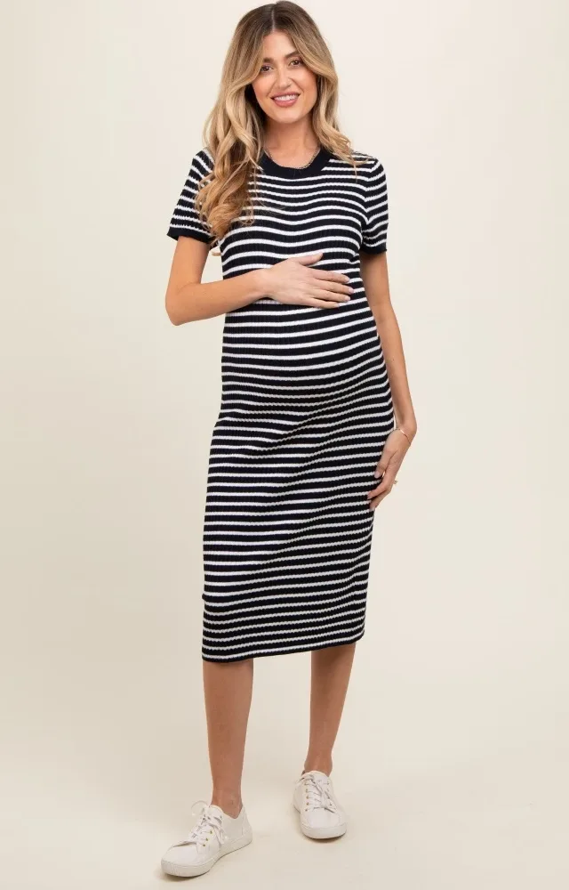 Navy Striped Knit Maternity Midi Dress