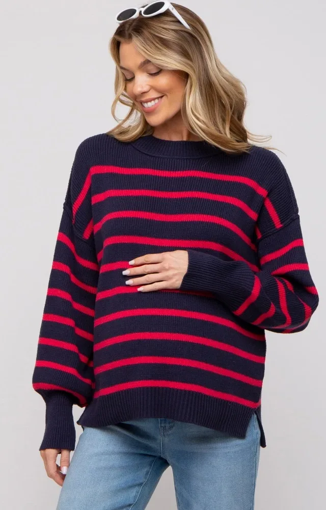 Navy Striped Long Sleeve Knit Maternity Sweater