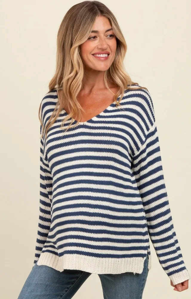 Navy Striped Relaxed Fit V-Neck Maternity Sweater