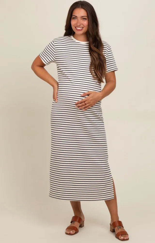 Navy Striped Short Sleeve Maternity T-Shirt Midi Dress