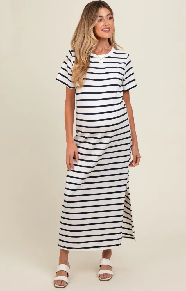 Navy Striped Side Slit Maternity Maxi Dress