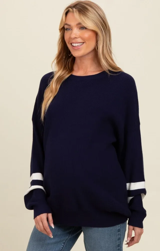 Navy Striped Sleeve Relaxed Fit Maternity Sweater