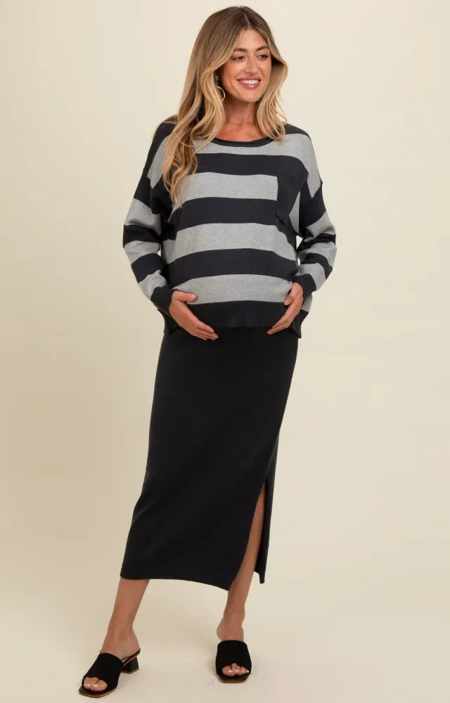 Navy Striped Sweater And Fitted Midi Skirt Maternity Set