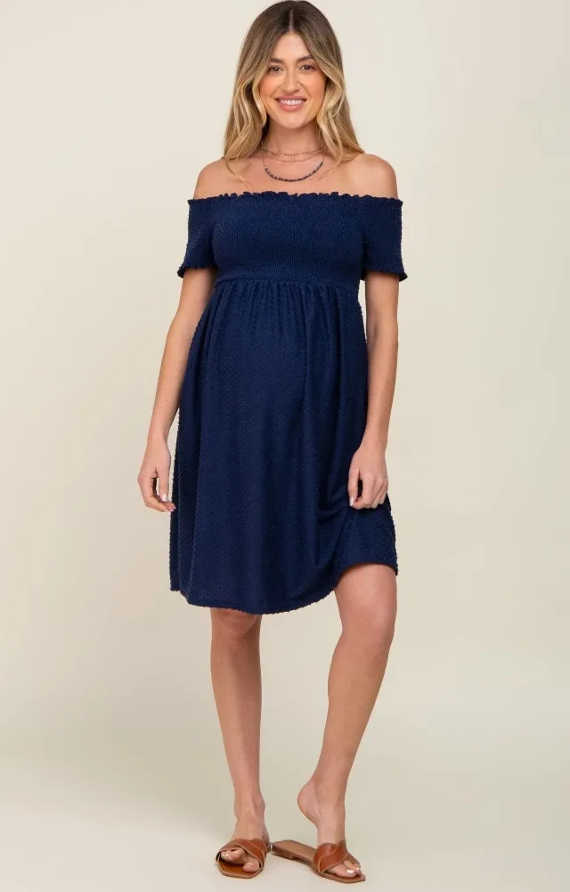 Navy Swiss Dot Off Shoulder Maternity Dress